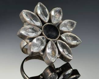 Sterling Silver Studio Artist Ring, Black Onyx & Crystal, Size 10
