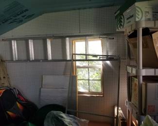 Extension ladder; plastic shelving units