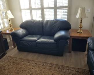 Leather loveseat; end tables; table lamps