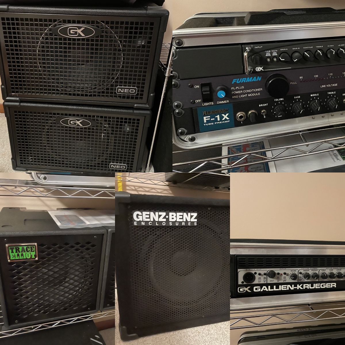 Gallien‑Krueger MB Fusion head Alembic F‑1X tube preamp Furman power conditioner Trace Elliot + GK + Genz Benz bass cabinets