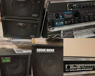 Gallien‑Krueger MB Fusion head Alembic F‑1X tube preamp Furman power conditioner Trace Elliot + GK + Genz Benz bass cabinets