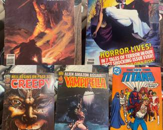 Vintage magazines (Fangoria, Creepy, Monster, Starlog, Star Trek, Car & Driver)