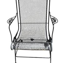 Vintage Wrought Iron Patio Spring Chair Featuring Floral Scrollwork and Wire Mesh Seating