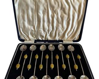 Vintage Set of 12 Sterling Silver Coffee Bean Demitasse Spoons in Box