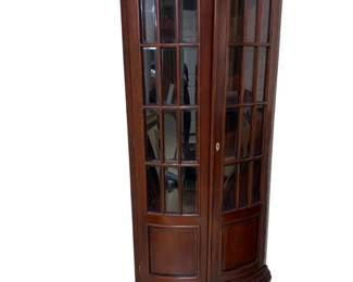 Mahogany Wood Corner Cabinet with Rounded Beveled Glass Pane Doors
