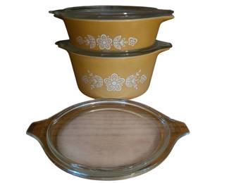 Vintage Corning Pyrex Round Casserole Dishes in the Butterfly Gold Pattern with Clear Glass Lids