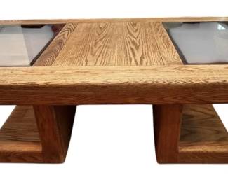 Vintage Solid Oak Coffee Table with Glass Inserts