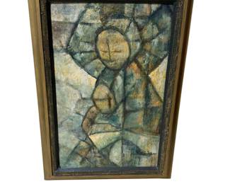 Framed Signed Abstract Oil Painting with Blues Greens Light Yellow and Brown Colors