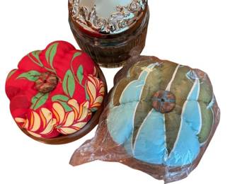 Two Pin Cushions and Glass Silver Jar