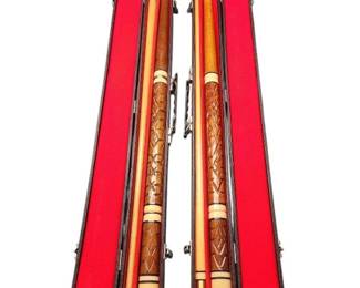 Vintage Wood Carved Pool Cues