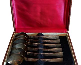 Vintage Silver Gold Plated Box Set of 6 Melchior Spoons Soviet USSR