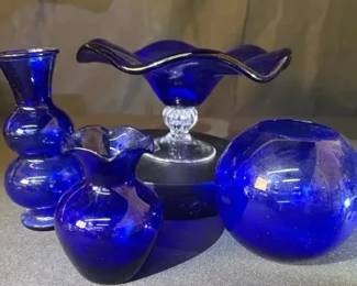 Italian Murano Vintage Blue Glass Vases And Bowl