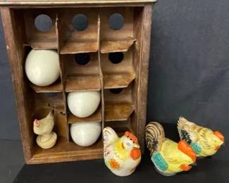 Antique Wooden Egg Crate Manufactured by John G. Elbs With Ceramic Chickens & Eggs