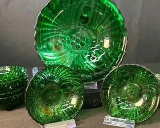 Vintage Anchor Hocking Burple FOREST GREEN Glass Serving & Berry Bowl SET - 10 Pieces