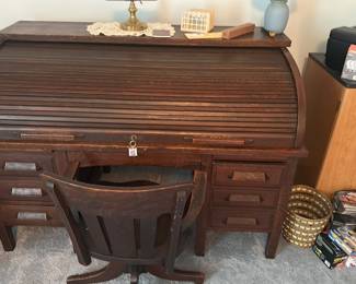 vintage or antique solid oak roll-top desk