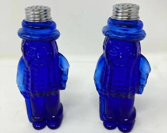 Pr. of Vintage Mr. Peanut Salt and Pepper Shakers in Cobalt Blue Glass, Stainless Steel Screw Tops