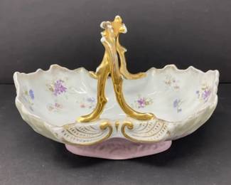Hand Painted Porcelain Divided Serving Bowl w Floral Motif and Gilded Details