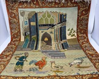 Vintage Persian or Persianstyle Pictorial Area Rug w Village Scene, Approx
