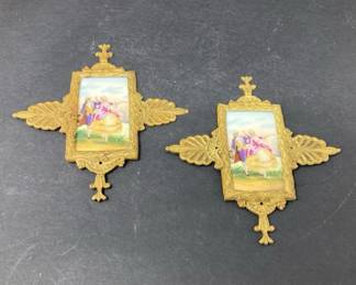 Pair of Antique Rococo Style Porcelain Plaques in Ornate Brass Frames