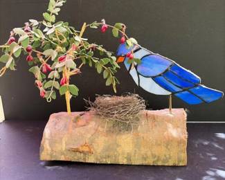 096 stainedglassbluebirdsculptureonwood