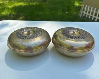 124 twovintagebrassliddedbowlswithetch