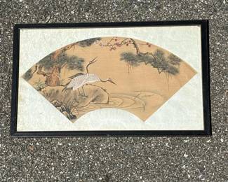 043 framedasianfanshapedartprintcranes