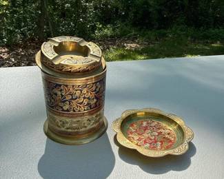 059 enameledbrassashtraycanisterset