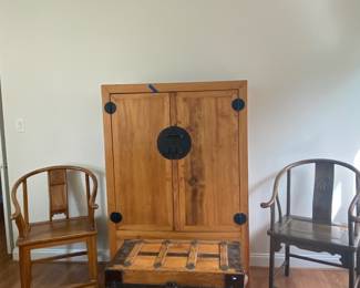 Chinese armoire, antique chest, 2 oriental chairs