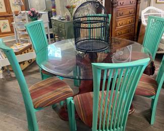 Koi table base with glass top and 5 chairs