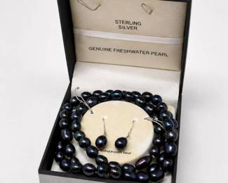 197 SterlingSilverBlackFreshwaterPearlJewelrySet
