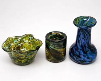 53 HandBlownArtGlassVaseBowlCupTrioSet
