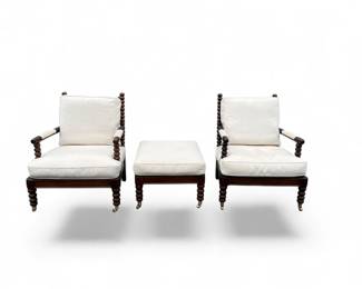 Pair of Hickory Chair spool chairs with ottoman