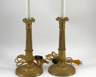 Pair of gilt brass candlestick lamps