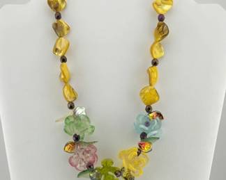 Sterling, yellow blister shell, glass necklace