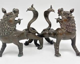 Pair of bronze foo dog figurines