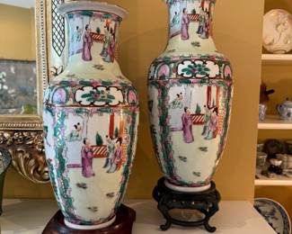 #17 Asian vase with wood stand 14"H $85.00 #18 Asian vase with wood stand 14"H SOLD