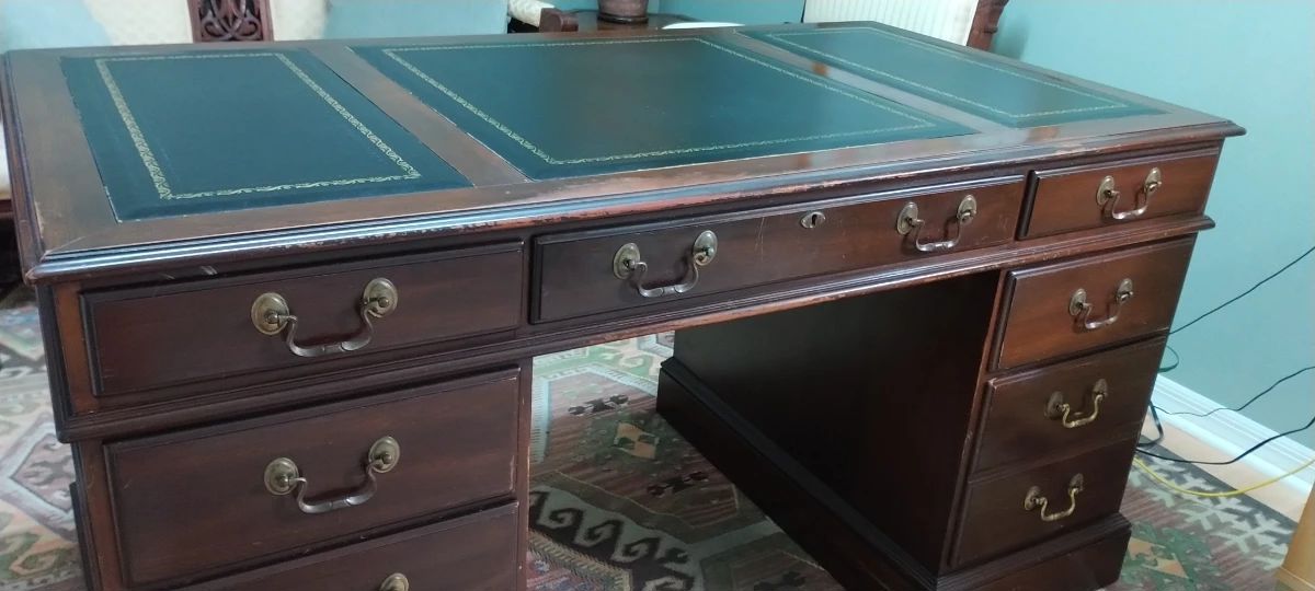 Executive Desk, Gold on leather insets, 7 drawers