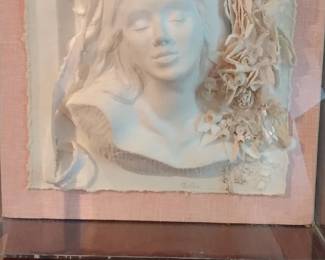 Cast paper with paper and fabric, on hand-made paper in lucite box
