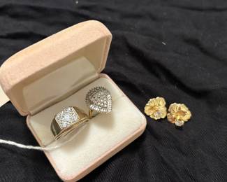 2 gold and diamond rings, one beautiful gold earrings