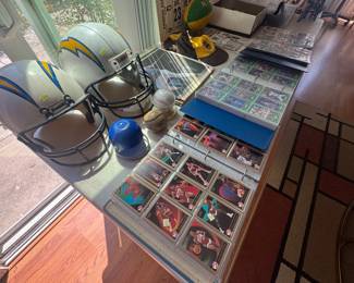 Basketball cards, Chargers replica helmet