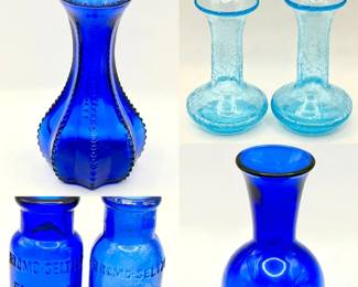 (2) Antique Cobalt Emerson Drug Co Bottles & (4) Beautiful Blue Vases