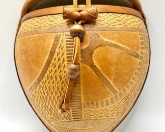 Handcrafted Vintage Gourd Purse or Hanging Container featuring Intricate Carved Geometric Patterns
