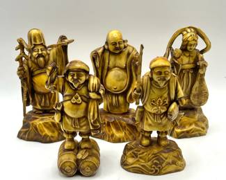 (5) Celluloid Gods of Good Fortune Figurines — Vintage