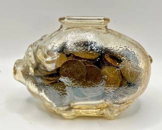 Vintage Marigold Carnival Glass Piggy Bank with Wheat Cents