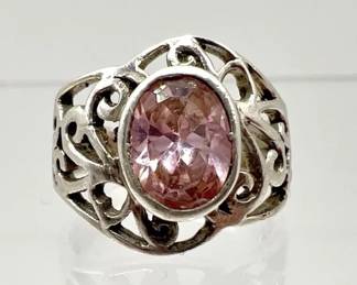 .925 Stamped Sterling Silver Faceted Pink Bezel Set Openwork Ring — Size 5