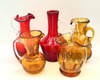 (5) Red & Orange Crackle Glass Vessels