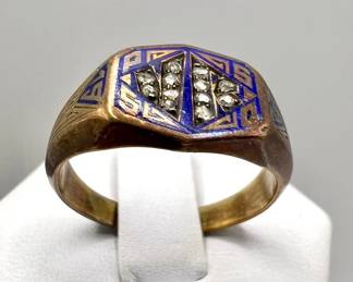 Antique 14K Gold Art Deco Blue Enamel Fine Jewelry — 1922 Class Ring — Size 9