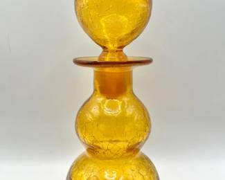 Mid-Century “Genie Bottle” Golden Amber Crackle Glass Decanter with Stopper