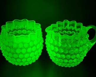 Vaseline Glass Fenton Hobnail Open Sugar Bowl & Creamer