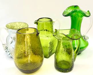 (5) Green Crackle Glass Vessels